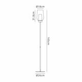 A diagram of the Nora 1 Light Chrome Glass Floor Lamp, showcasing a sleek black base with black marble and elegant chrome glass detailing.