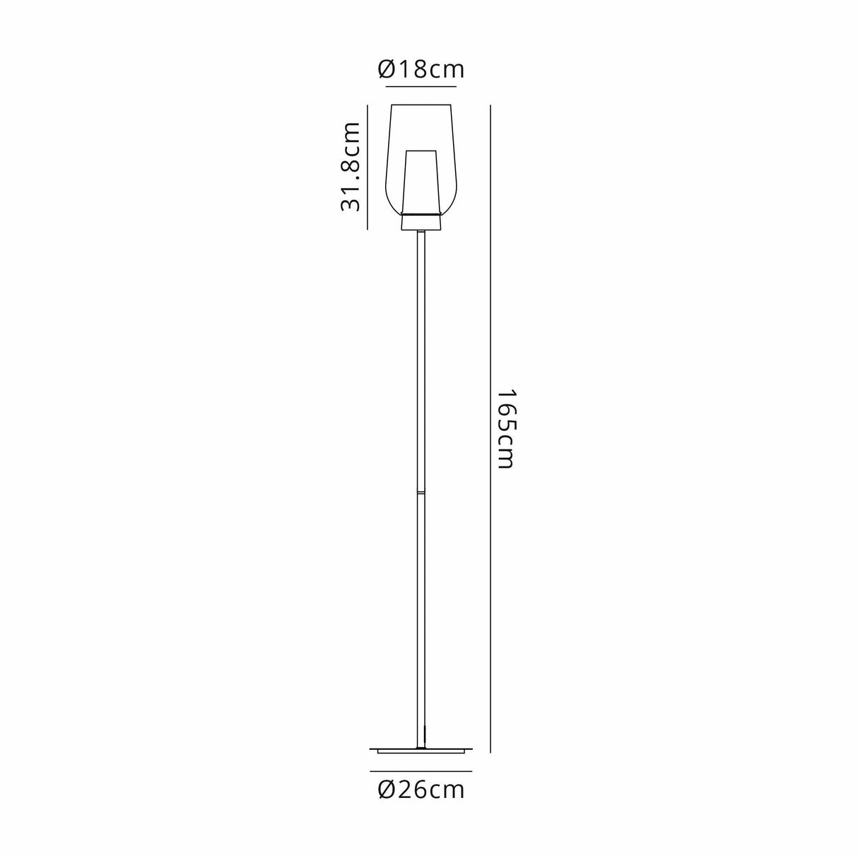 Line drawing of the Nora 1 Light Clear Glass Floor Lamp in Gold & White: 165 cm tall, lampshade height 31.8 cm, lampshade diameter 18 cm, base diameter 26 cm—ideal for modern interiors.