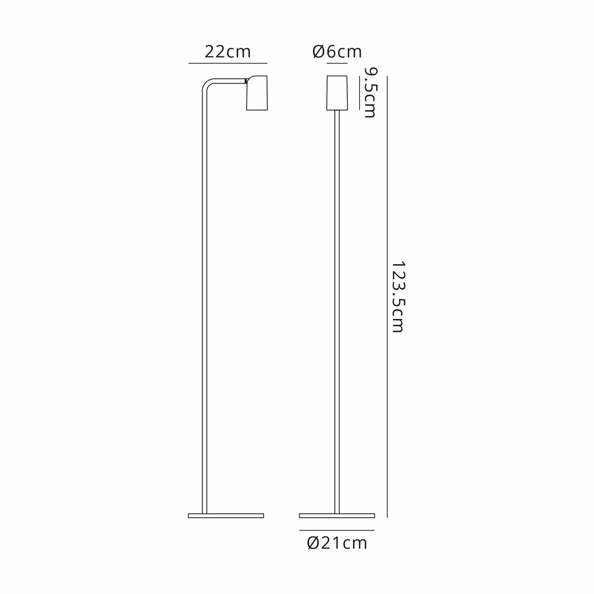 Line drawing of the Sal 1 Light Floor Lamp - Satin Gold & Matt Black shown from two angles with dimensions: height 123.5 cm, head diameter 6 cm and length 9.5 cm, base diameter 21 cm, and pole-to-head distance 22 cm.