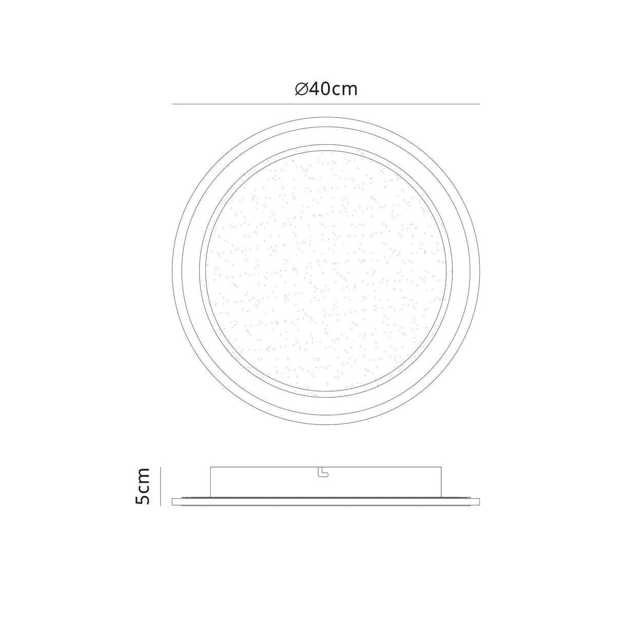 Dimensional line drawing of the Mantra Tulum CCT LED flush ceiling light, showing a 40cm diameter round profile and 5cm depth.