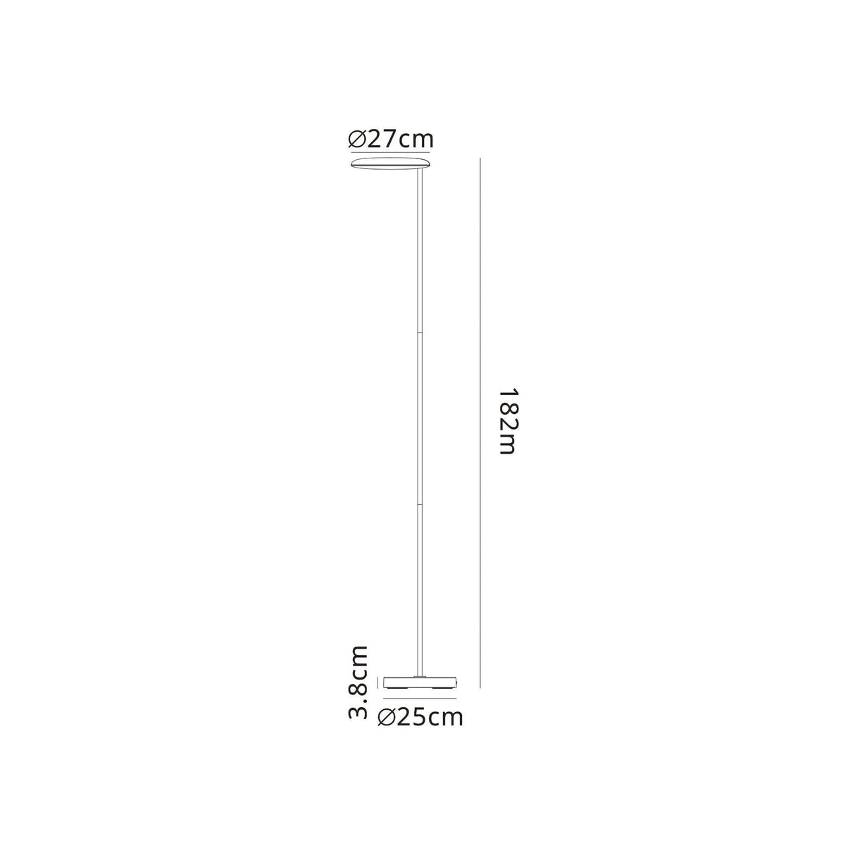 Line drawing of the Nassau Dimmable LED Floor Lamp 30W 3000K in black: 182 cm tall, base diameter 25 cm, base height 3.8 cm, top diameter 27 cm—ideal for modern lighting.