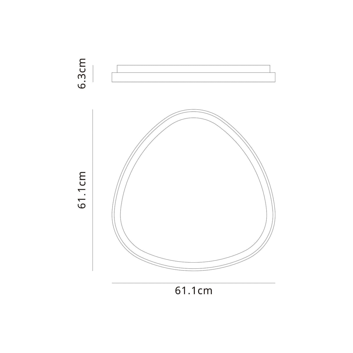 Dimensioned line drawing of the Mantra Niseko triangular flush ceiling light, showing 61.1cm width and depth with a 6.3cm profile.