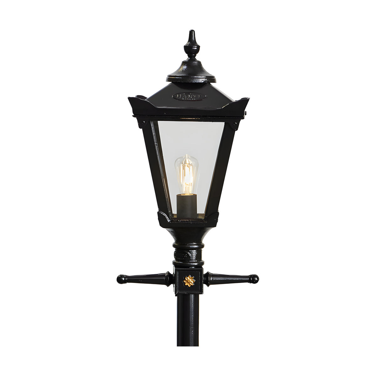 Victorian-style black cast iron replacement lantern head with clear glass panels and a lit bulb, fitting a 62mm spigot, shown on a plain white background.