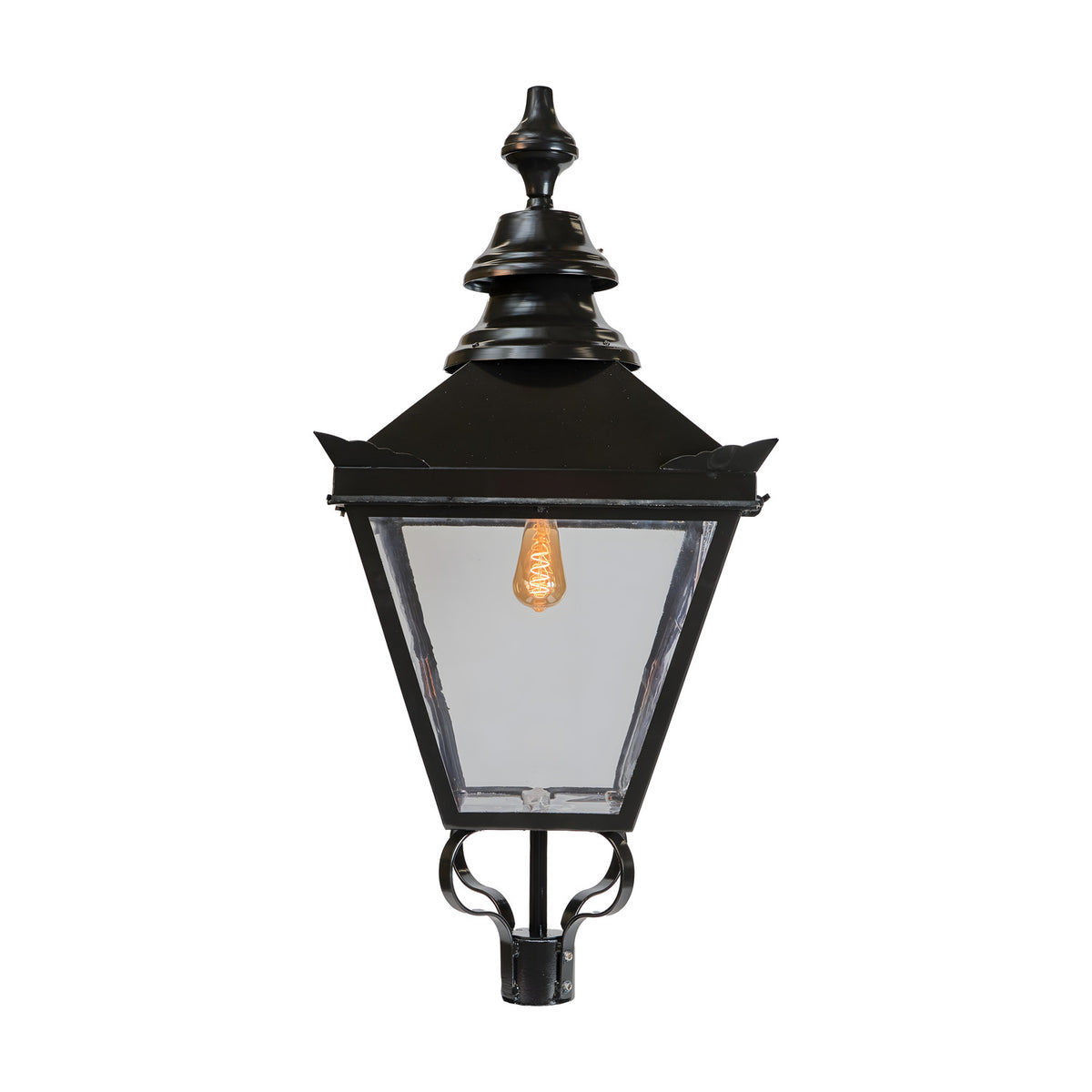 Large Victorian Replacement Lantern in black metal with clear glass panels, ornate finial top and 77mm spigot fitting, shown on a plain white background.
