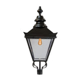 Large Victorian Replacement Lantern in black metal with clear glass panels, ornate finial top and 77mm spigot fitting, shown on a plain white background.
