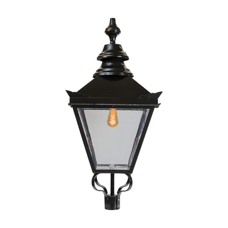 Large Victorian Replacement Lantern in black metal with clear glass panels, ornate finial top and 77mm spigot fitting, shown on a plain white background.
