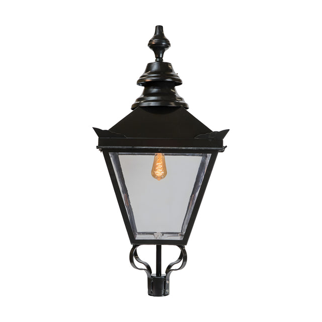 Large Victorian Replacement Lantern in black metal with clear glass panels, ornate finial top and 77mm spigot fitting, shown on a plain white background.