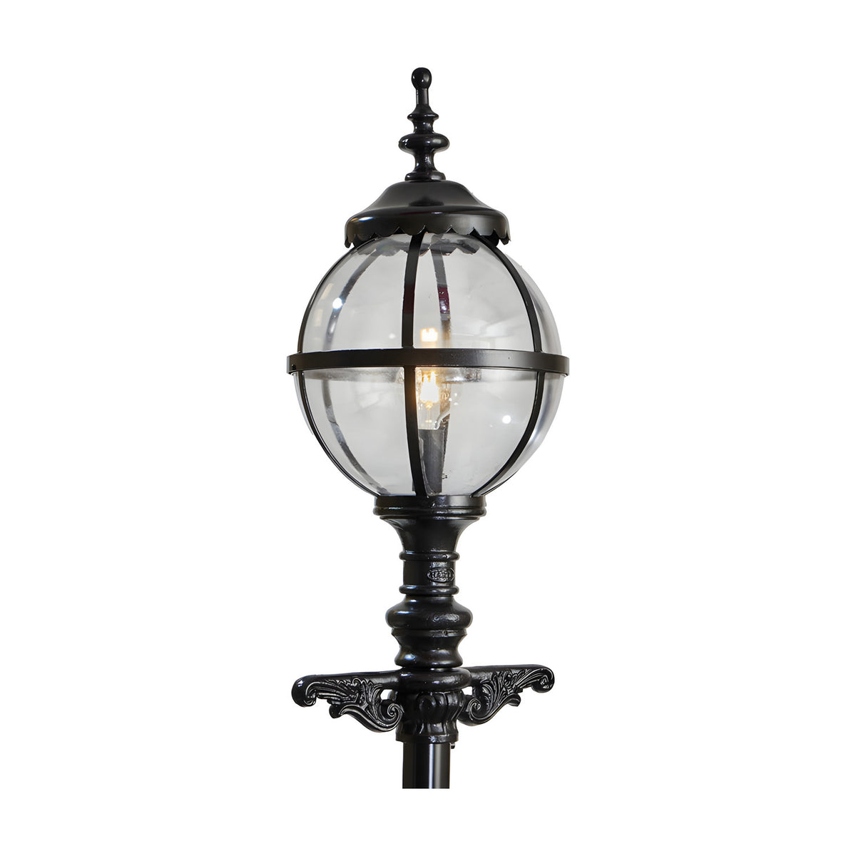 Cast Iron Replacement Globe Lantern Head in black, traditional round glass globe with ornate cap and finial, 77mm fitting for post mounting, shown with cross-arm bracket on a white background.