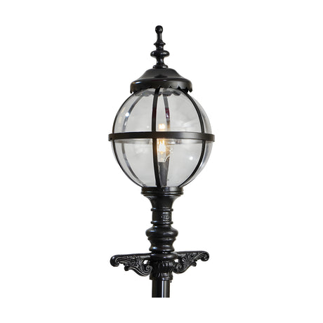 Cast Iron Replacement Globe Lantern Head in black, traditional round glass globe with ornate cap and finial, 77mm fitting for post mounting, shown with cross-arm bracket on a white background.