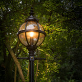 Black cast iron globe lantern head with clear glass panels, lit, mounted on a post amid a garden setting, 62mm fitting.