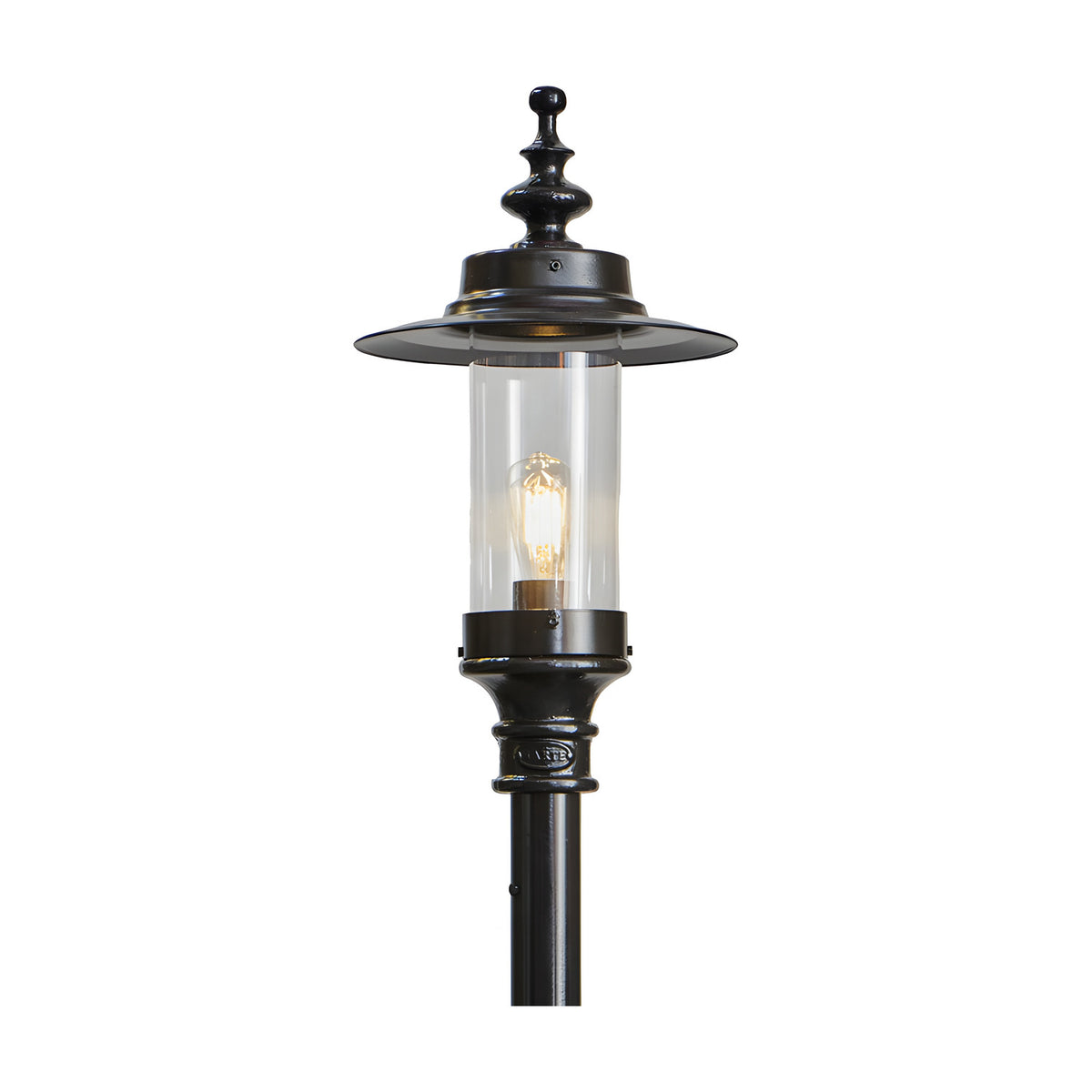 Cast iron Georgian lantern head in black with clear glass cylinder, exposed bulb, and decorative finial cap, shown mounted on a black post against a plain white background.