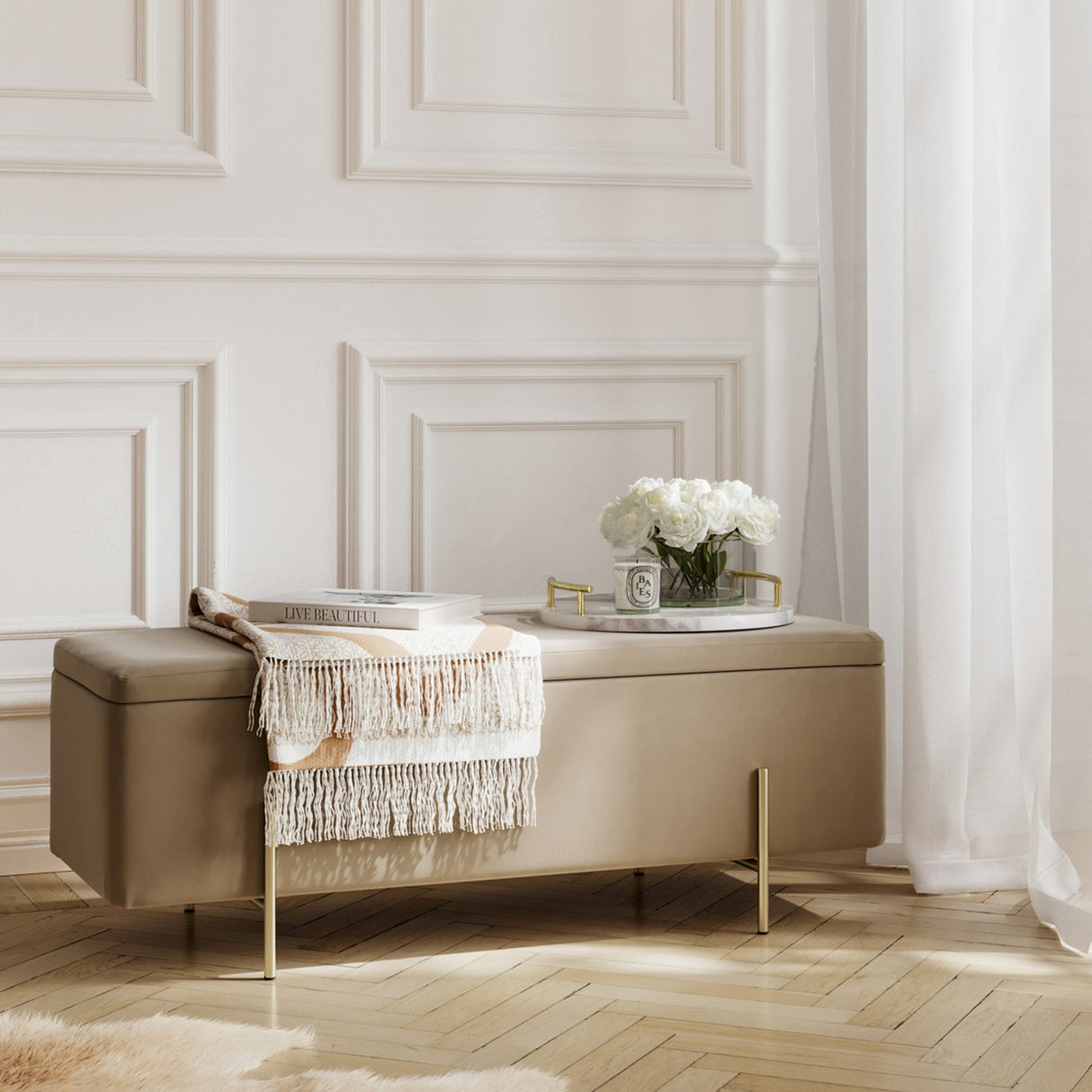 Lola Storage Ottoman – Beige with Gold