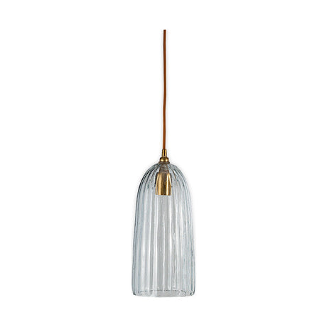 Lumina Fluted Recycled Glass Pendant Light in clear, a tall ribbed glass tube with brass lampholder cap and rust braided flex, shown against a plain white background.