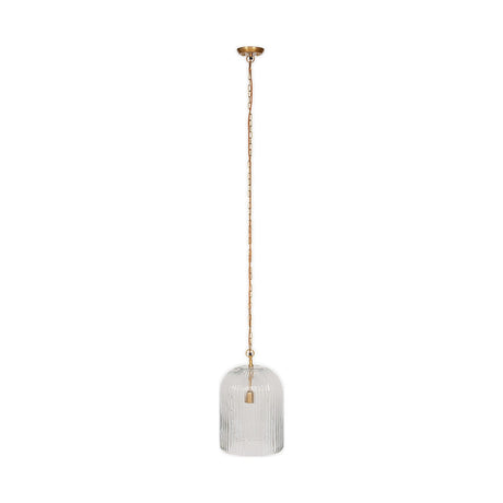Lumina Large Fluted Glass Pendant Light in clear glass with a domed cloche shade, brass chain, ceiling rose, and internal lampholder, shown on a white background.