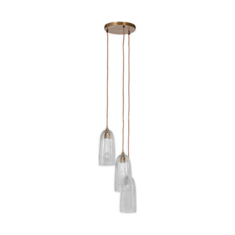 Lumina 3 Light Fluted Glass Cluster Pendant, three tapering ribbed clear glass shades on rust braided flexes from a round brass ceiling plate, shown on a white background.