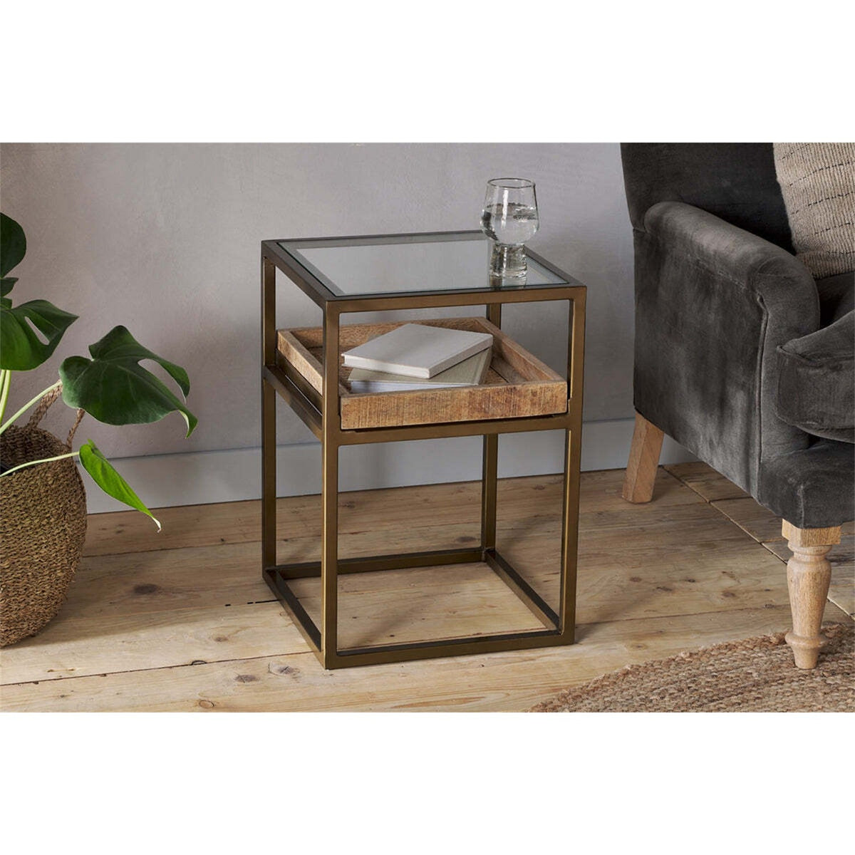 Luzon Glass & Iron Display Side Table - Brass
