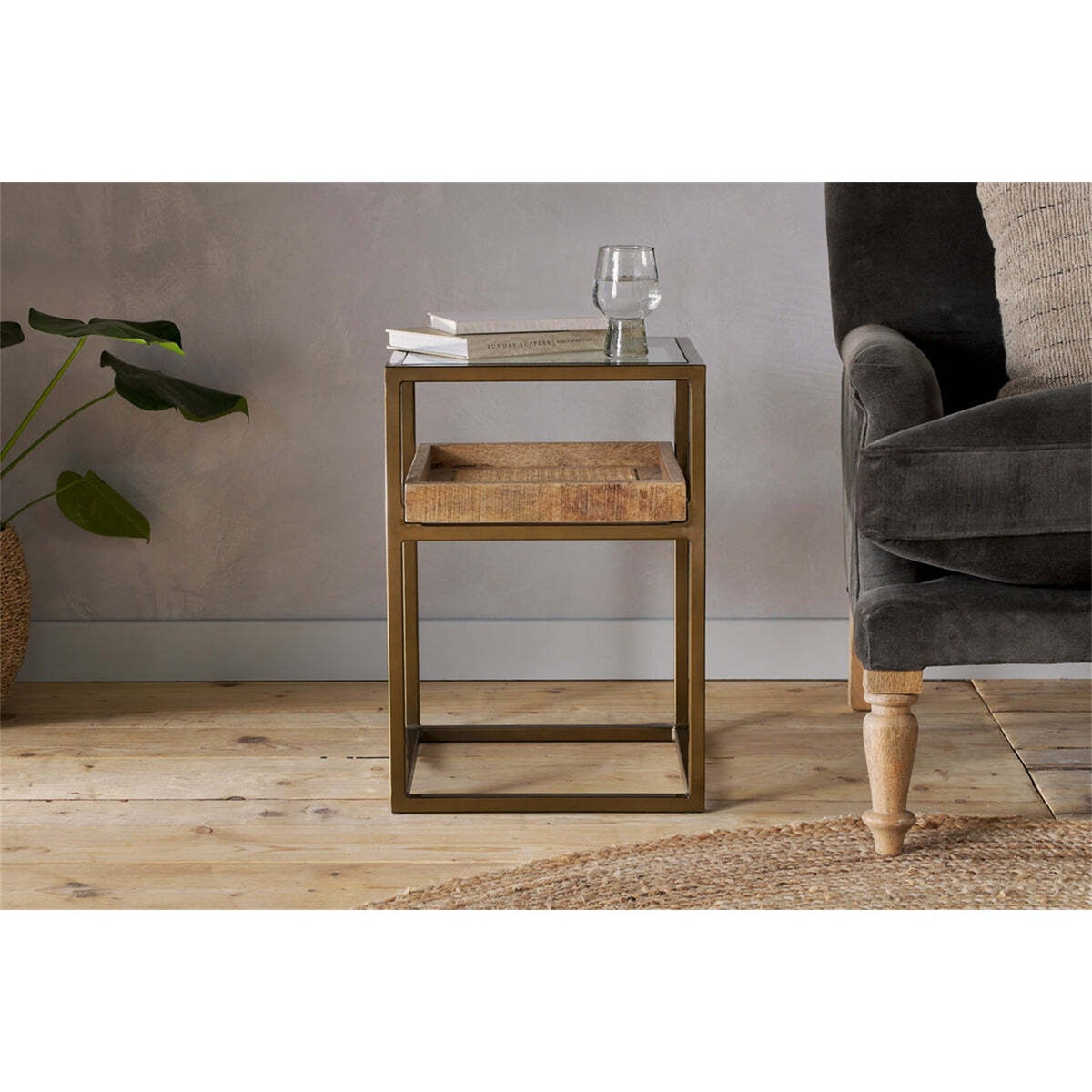 Luzon Glass & Iron Display Side Table - Brass