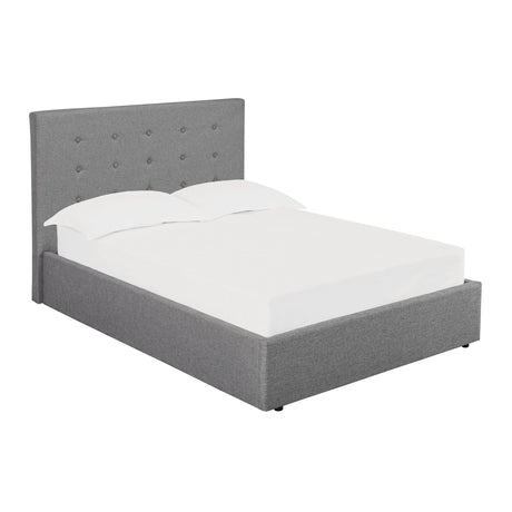 Lucca Small Double Plus Ottoman Bed Frame in grey linen fabric, tall button-detailed headboard, upholstered base, dressed with white bedding on a plain white background.