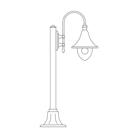 Bellcote Copper Top Outdoor Lamp Post, a single-light post lantern with a curved arm, bell-shaped shade and tall column on a round base, line illustration on a white background.