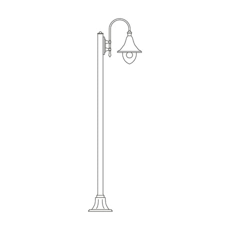 Bellcote cast aluminium outdoor lamp post with tall column base and curved arm supporting a single bell-shaped lantern, shown in line-drawing style on a plain white background.