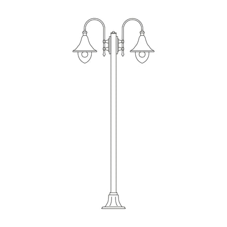 Bellcote cast aluminium outdoor lamp post with two bell-shaped lantern heads on curved arms atop a tall fluted column with a decorative base, line drawing on a white background.