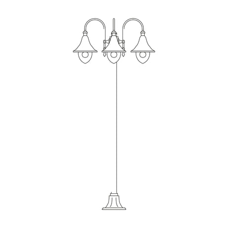Bellcote Copper Top Outdoor 3 Light Lamp Post, line drawing of a tall column with three bell-shaped lantern heads and a stepped base, on a plain white background.