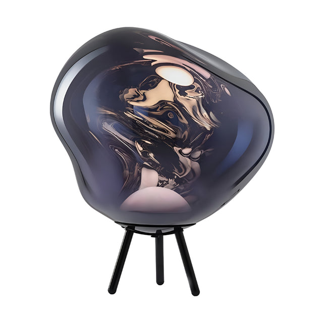 The Lava Large LED Floor Light - Smoked features a modern, abstract design with a rounded marbled glass shade in swirling dark and light tones, three black legs, dimmable lighting, and a touch of futuristic style.