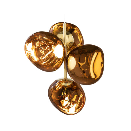 The Lava LED 4 Light Chandelier - Gold features four unique glossy amber glass shades clustered on a central gold rod, offering modern, energy-efficient lighting in a striking design.