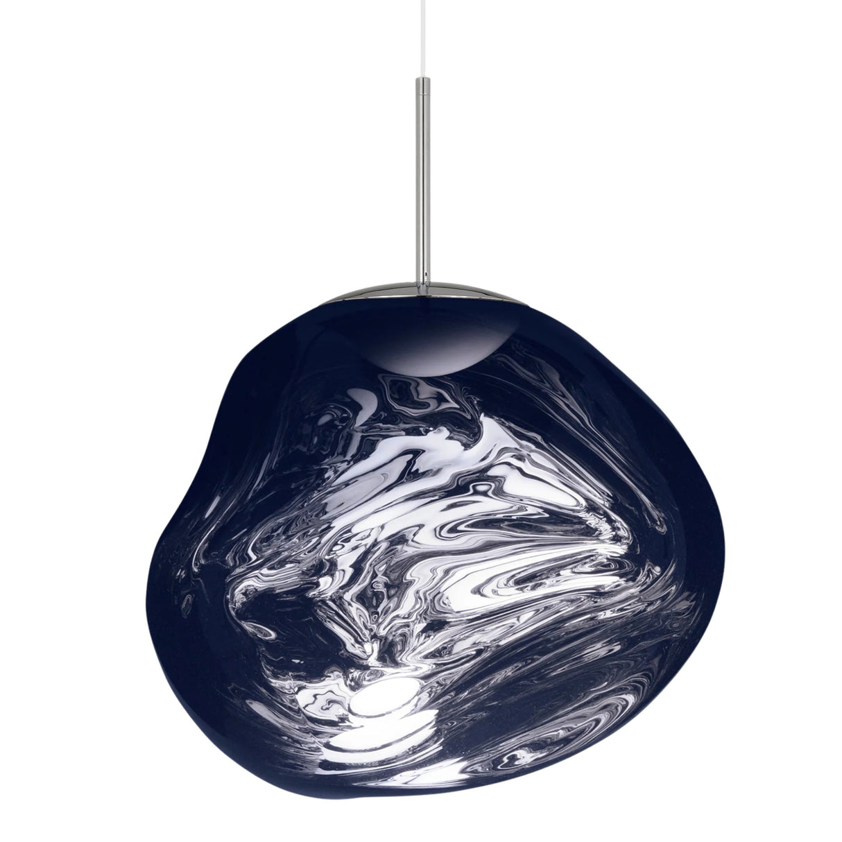 The Lava Large LED Pendant Light - Smoked features an irregular glossy dark blue smoked acrylic shade with swirling white patterns, providing ambient light and hanging from a thin metal rod and white cord against a white background.