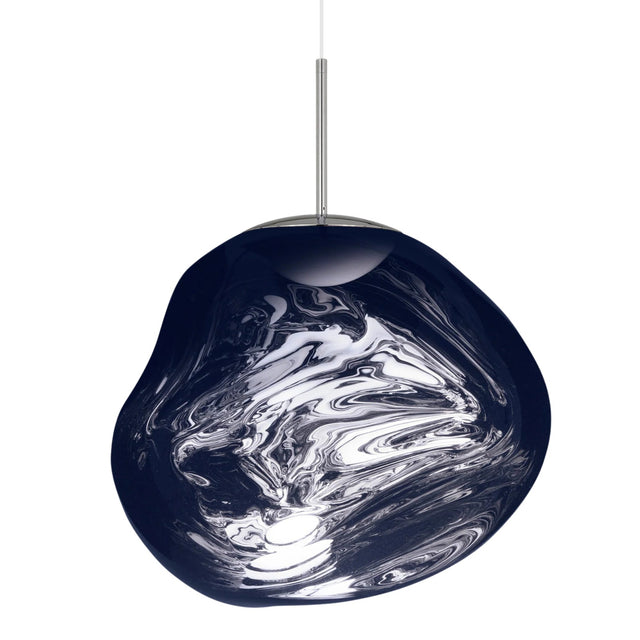 The Lava Large LED Pendant Light - Smoked features an irregular glossy dark blue smoked acrylic shade with swirling white patterns, providing ambient light and hanging from a thin metal rod and white cord against a white background.