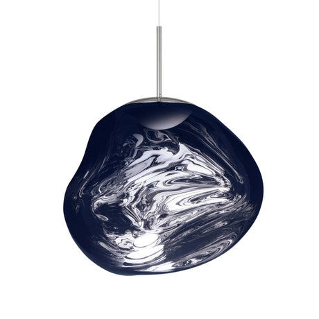 The Lava Large LED Pendant Light - Smoked features a modern, irregular glossy dark blue shade with swirling white patterns and hangs from a slim metal rod, adding ambient light to any space.