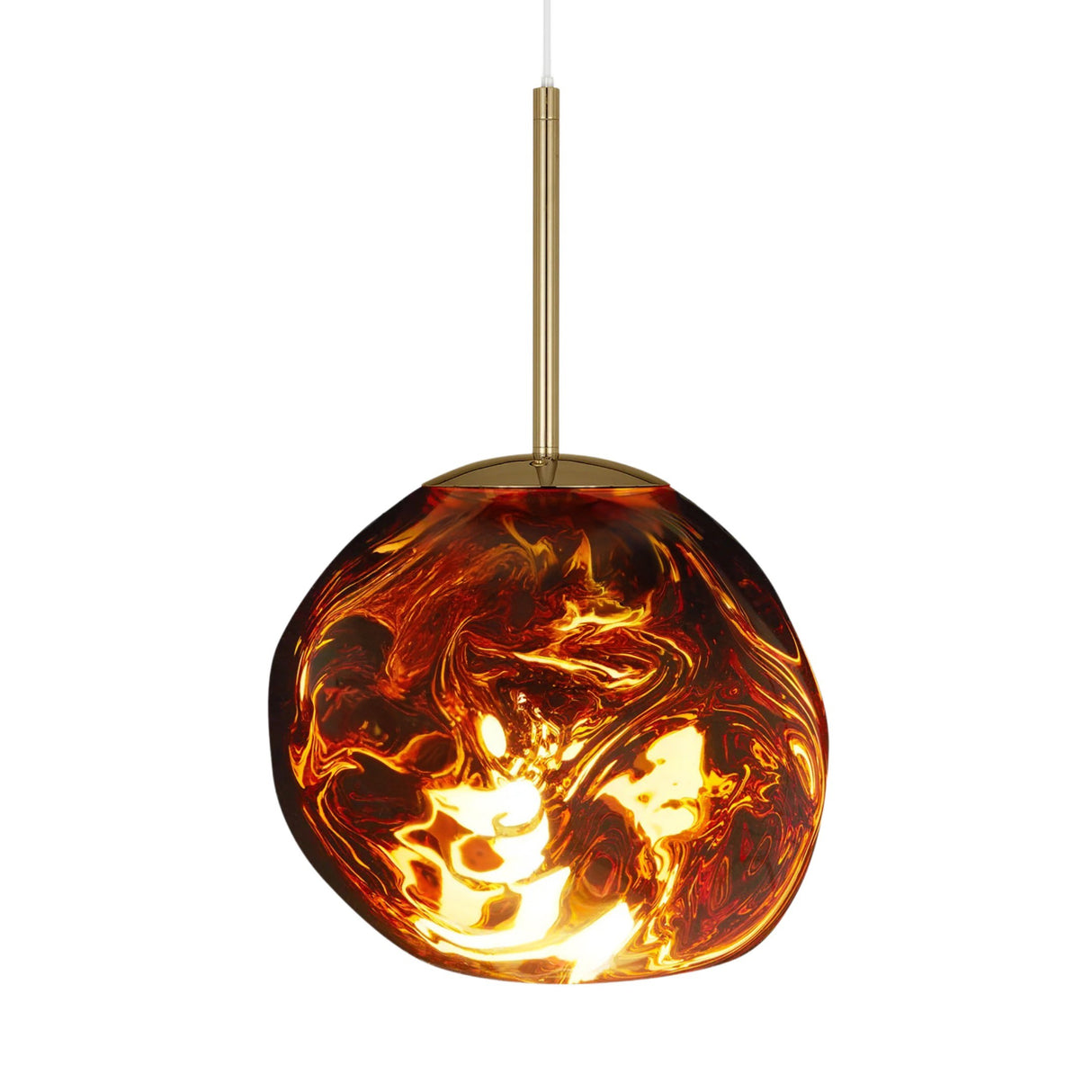 The Lava Small LED Pendant Light - Gold features a gold rod and a sculpted glass shade with swirling orange, yellow, and black patterns, creating a dramatic, layered lighting effect inspired by molten lava.