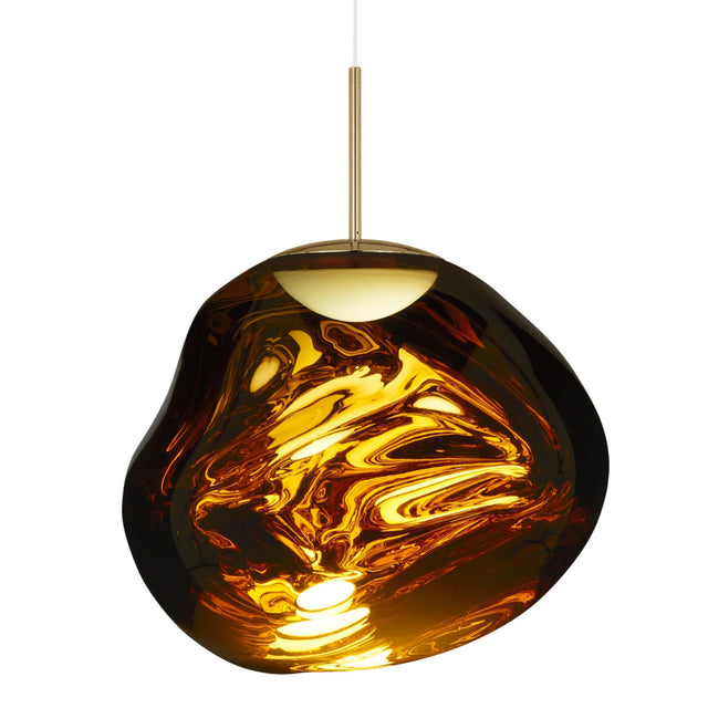 The Lava Large LED Pendant Light - Gold features a glossy, irregular amber glass shade and gold stem, suspended from a white cord. Its glow reflects swirling patterns, adding modern elegance to any space.