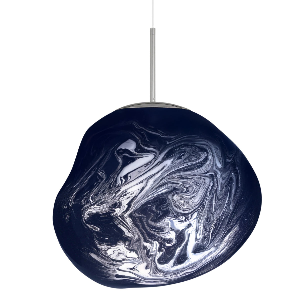 The Lava Large LED Pendant Light - Smoked Blue features a swirling white marbled design on its acrylic shade and hangs from a sleek silver rod, making it an artistic centerpiece for any modern interior.