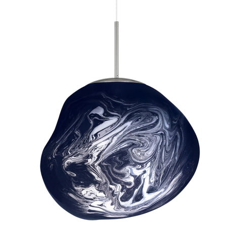 The Lava Large LED Pendant Light - Smoked Blue features a swirling white marbled design on its acrylic shade and hangs from a sleek silver rod, making it an artistic centerpiece for any modern interior.