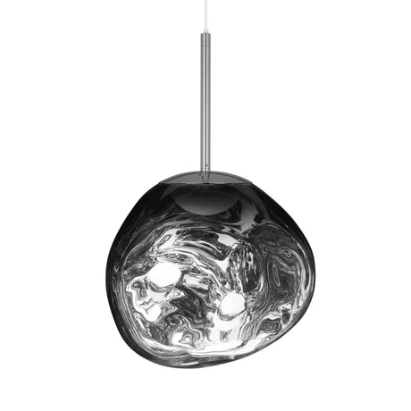 The Lava Small LED Pendant Light - Silver features a modern, polished metallic shade with a swirling, reflective surface and an adjustable cable, suspended from a slim rod against a white background.