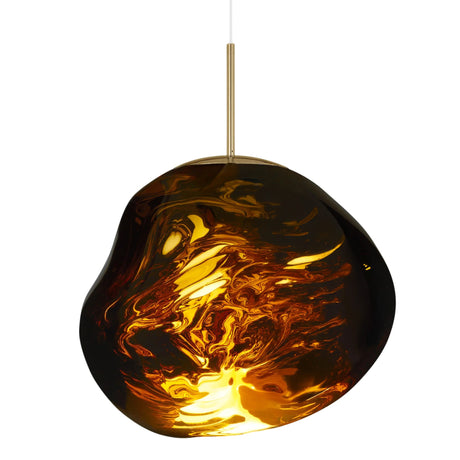 The Lava Large LED Pendant Light - Gold features an amber glass shade with organic, swirling patterns and hangs from a slim gold rod, adding luxury, elegance, and an ambient glow to any room.