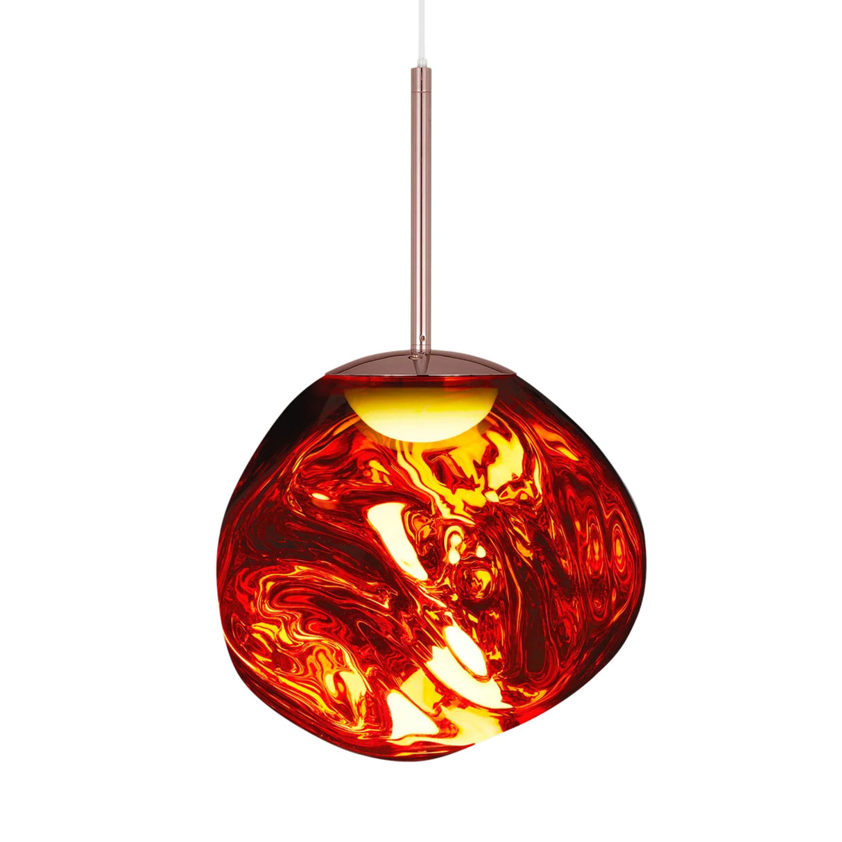 The Lava Small LED Pendant Light - Copper features a round, irregular glass shade with swirling red, orange, and yellow patterns reminiscent of molten lava. It hangs from a metallic rod with an adjustable cable for versatile installation.