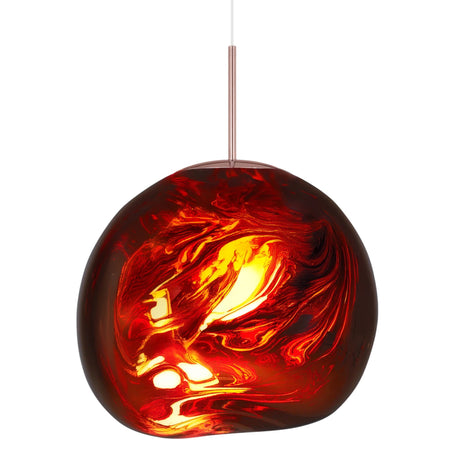 The Lava Large LED Pendant Light - Copper features a glossy, round glass shade with swirling patterns, suspended by a thin cord. Its warm LED glow highlights the translucent copper tones and striking abstract design.