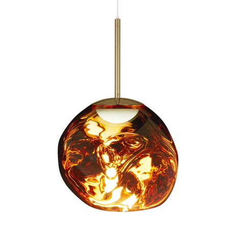 The Ex-Display Lava Small Pendant Light - Gold features an adjustable cable, gold rod, and an irregular glass-like shade with swirling red, orange, and yellow patterns inspired by molten lava.