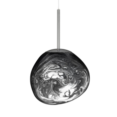 The Lava Small LED Pendant Light - Silver features a round, uneven glass shade with a swirling black and white marbled pattern, suspended from a slim metal rod and adjustable cable.