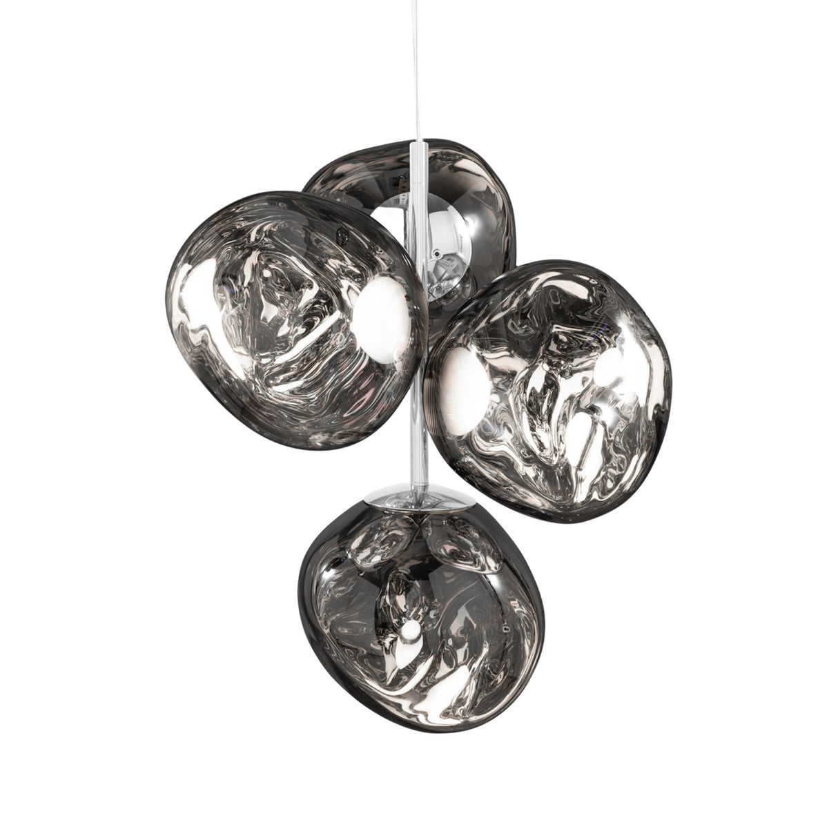 The Lava 4 Light LED Chandelier - Silver features four irregular, metallic reflective glass shades with a sleek silver finish, clustered together and suspended by a central cord.