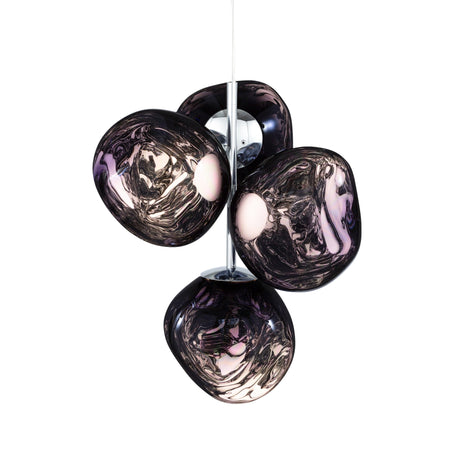The Lava LED 4 Light Chandelier - Smoked features four modern, irregular smoked acrylic shades clustered around a metallic stem, suspended by a white cord for stylish and energy-efficient lighting.