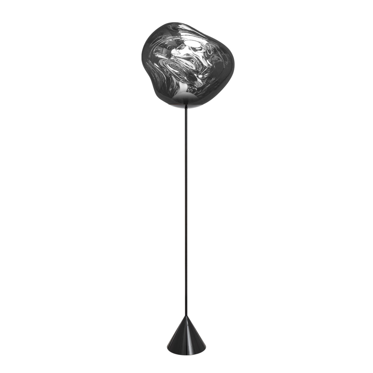 The Lava LED Floor Lamp - Silver features an irregular smoky glass shade with molten effects, set on a slim black stand and cone-shaped base for a modern look.