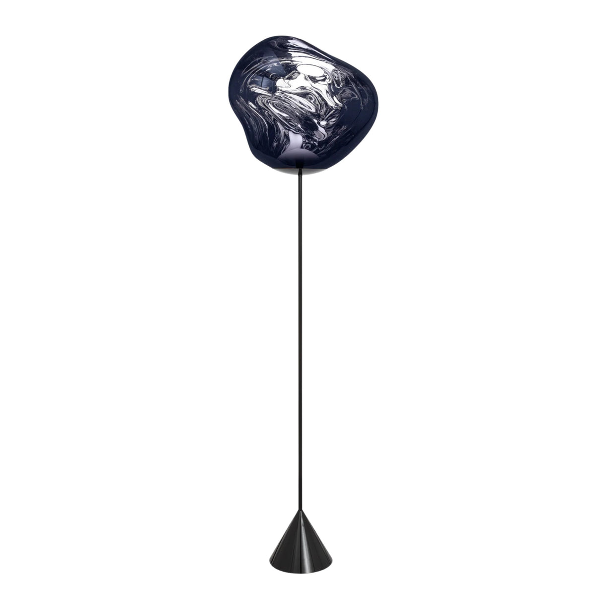 The Lava LED Floor Lamp - Smoked Blue features a slim black stand, wide conical base, and a uniquely shaped dark glass shade with a smoky mirror finish that evokes polished stone or abstract art.