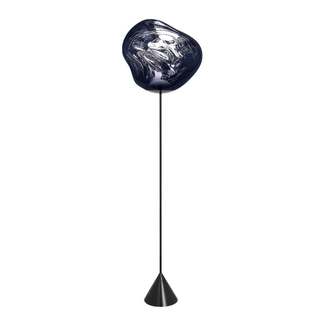 The Lava LED Floor Lamp - Smoked Blue features a slim black stand, wide conical base, and a uniquely shaped dark glass shade with a smoky mirror finish that evokes polished stone or abstract art.