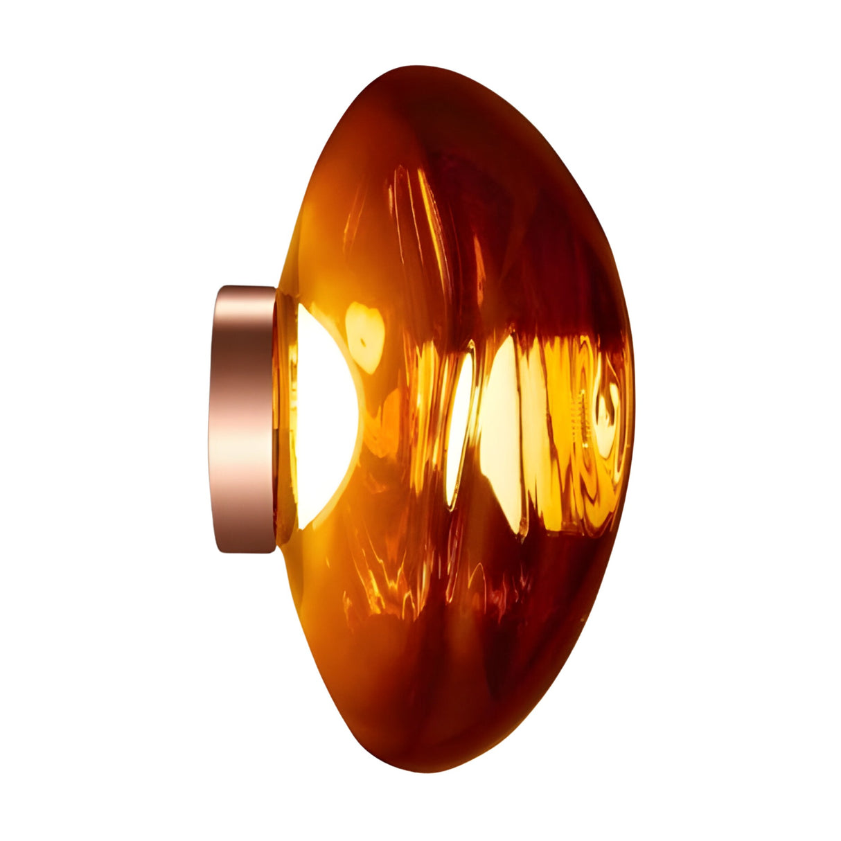 The Lava Large LED Wall & Ceiling Light - Copper features a shiny, amber-toned semi-translucent glass shade with a metallic base, dimmable LED functionality, and glows warmly against a white background.