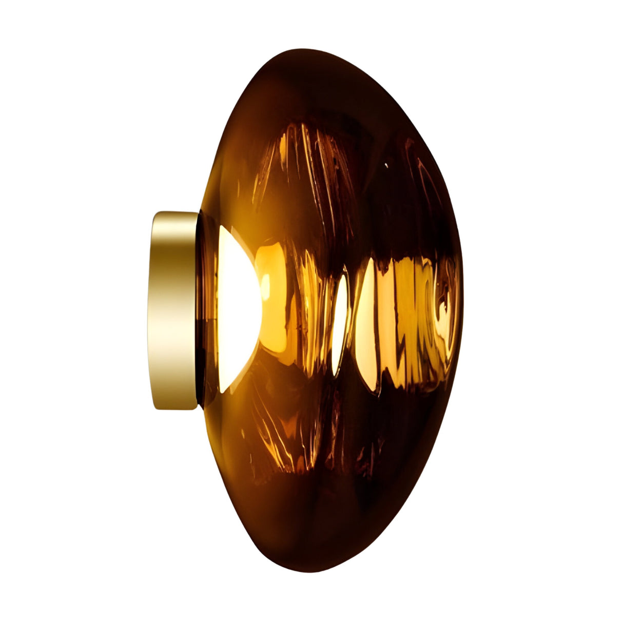 The Lava Large LED Wall & Ceiling Light - Gold features a golden metallic base and a round, amber-toned glass shade that emits a warm glow, shown against a white background.