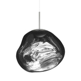 The Lava Medium LED Pendant Light - Silver features a modern, irregular organic-shaped glass shade with swirling silver patterns, suspended from a thin white cord and equipped with a convenient dimmable function.