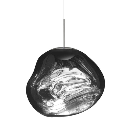 The Lava Medium LED Pendant Light - Silver features a modern, irregular organic-shaped glass shade with swirling silver patterns, suspended from a thin white cord and equipped with a convenient dimmable function.